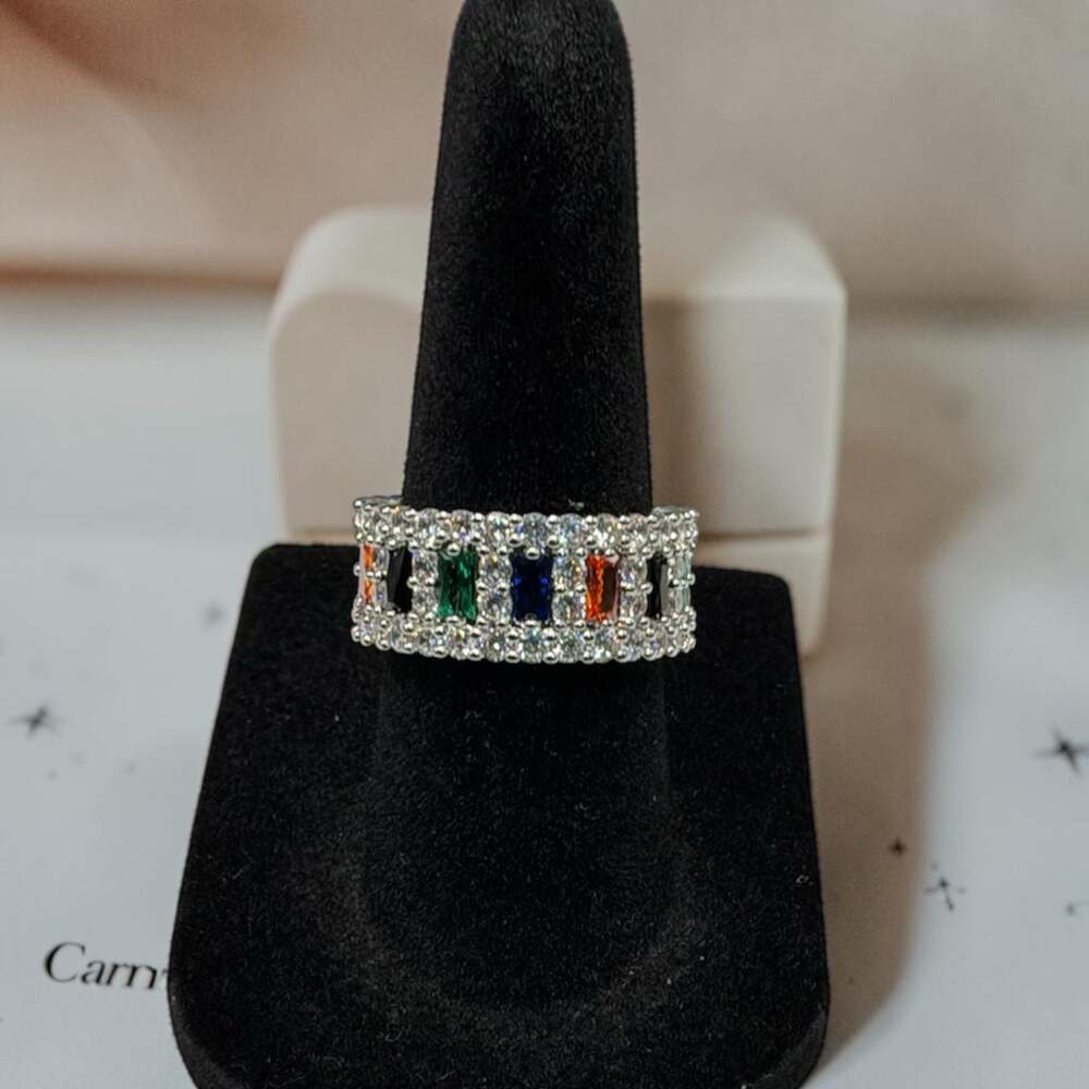 Inspired Suzy Levian Asscher Cut Rainbow CZ Eternity Band SZ 7